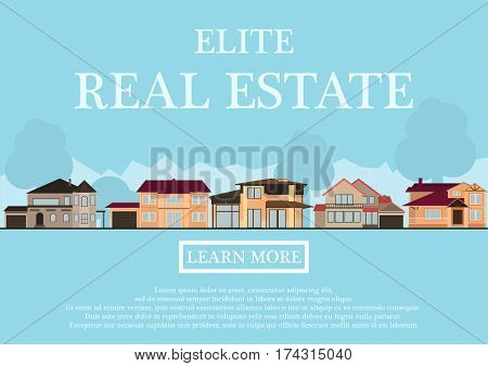 Vector illustration of cute houses for rent or sale in flat building style. background with blue pastel colors. country views with trees and shrubs. Banner for a website selling luxury real estate. vector illustration.
