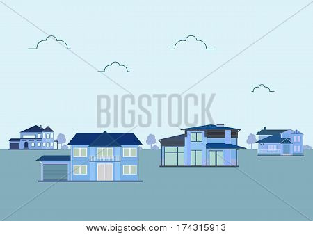 Cute houses for sale or rent in flat building style. background with blue pastel colors. country views with trees and shrubs. real estate purchase. vector illustration