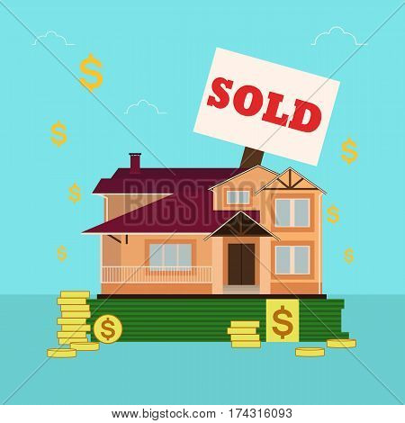 Cute cartoon house for sale or rent in flat building style staing on money. sign sold.Background in blue pastel colors with simbols of dollar. vector illustration.real estate purchase