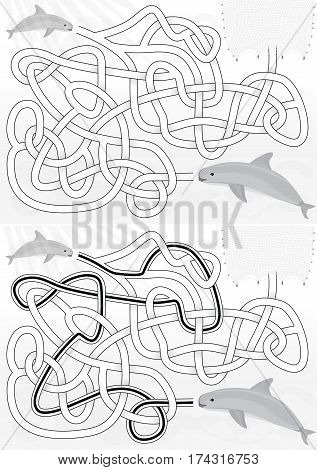 Vaquita maze for kids with a solution in black and white