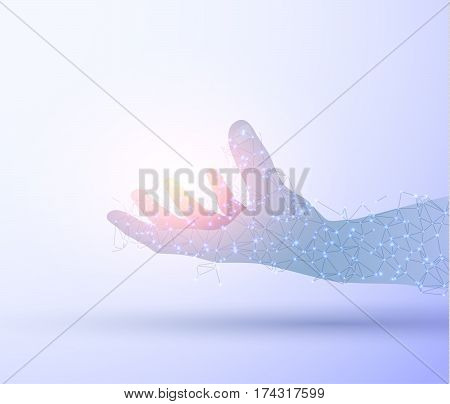 Shiny blue technology vector background with hand holding energy ball. EPS10