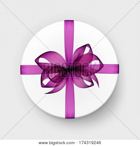 Vector White Round Gift Box with Transparent Pink Magenta Purple Bow and Ribbon Top View Close up Isolated on Background