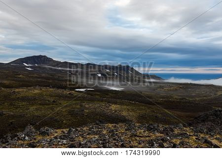 Iceland Volcanic Lava Field In Saefellsnes National Park. Beautiful Iceland Mountain Landscape With