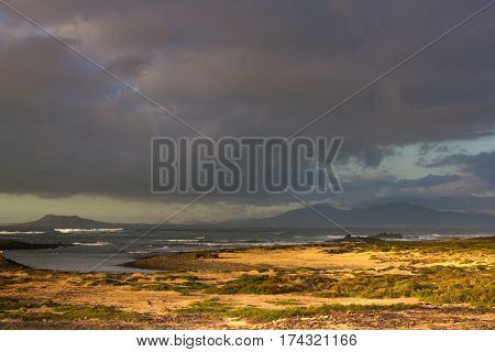 Map of the island of Lanzarote which opens to the island of Lobos Spain. Mountain panorama