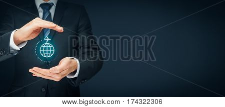 Travel insurance and business travel concepts. Insurance agent or businessman with protective gesture and icon of plane and globe.