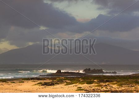 Map of the island of Lanzarote which opens to the island of Lobos Spain. Mountain panorama