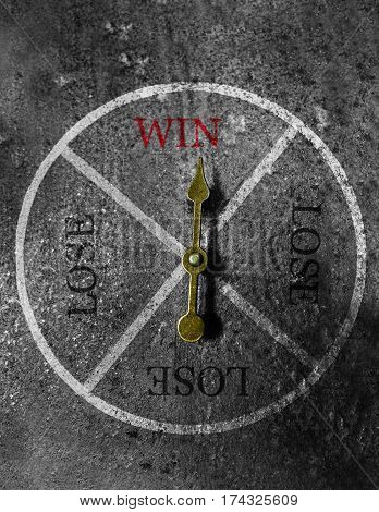 Metal spinner in Win Lose circle with it pointing to a winner