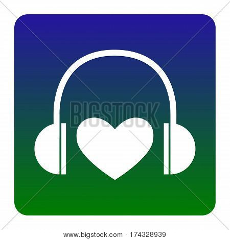 Headphones with heart. Vector. White icon at green-blue gradient square with rounded corners on white background. Isolated.