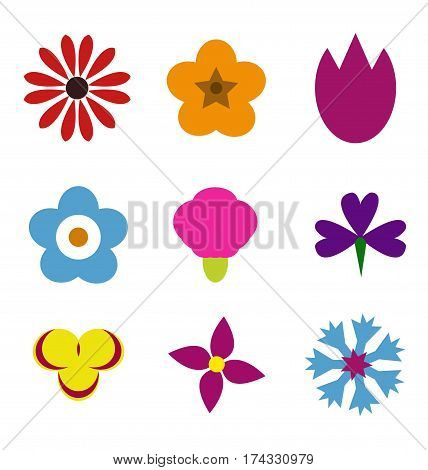 set flowers. Set of Vectorized Flowers. Set of flat icon flower icons in silhouette isolated on white. Cute retro design in bright colors for stickers, labels, tags, gift wrapping paper.