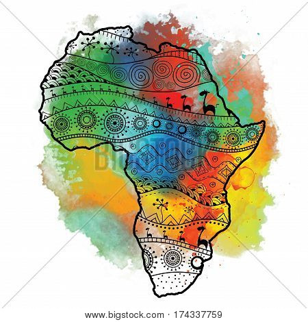 Textured Vector Map Of Africa. Hand-drawn Ethno Pattern,