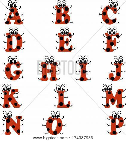 Alphabet in ladybug style, english letters fron A to P in red and black design, isolated on white