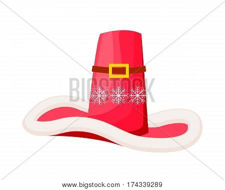 Santa Claus cowboy hat with snowflakes isolated on white. Winter fur woolen cap with buckle. Father Christmas hat flat icon winter snowboard accessory in cartoon style vector illustration