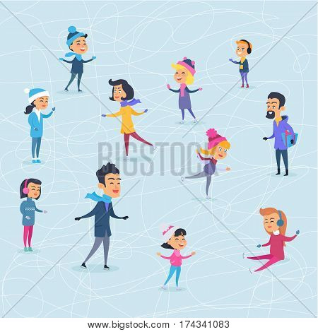 Cartoon smiling people of different ages on icerink in flat design. Christmas entertainments in city in winter time. Vector illustration of happy people spending New Year holidays outdoors.