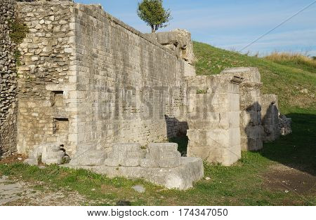 Ruins of ancient roman town Salona near Split, Dalmatia, Croatia in evening dusk