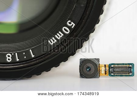 Smartphone camera and its electronic circuits comparison with SLR 50 mm lens