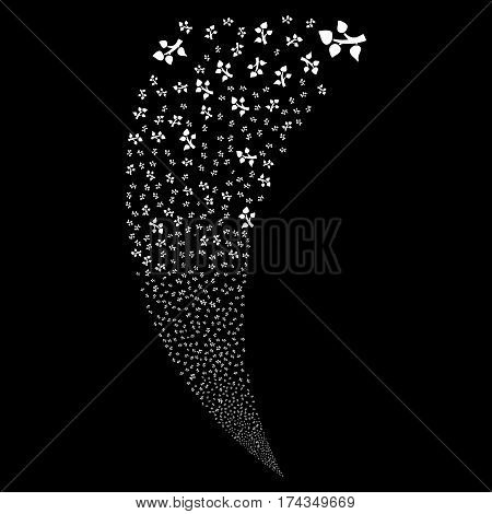 Flora Plant random fireworks stream. Vector illustration style is flat white iconic symbols on a black background. Object fountain made from scattered design elements.