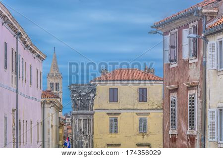 View at famous historic city center in town Zadar, popular touristic and architectural place in Croatia, Europe.