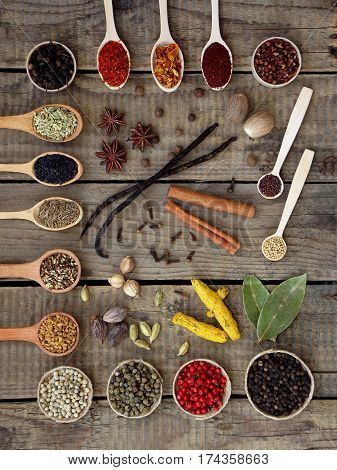 Composition Of Spices On Wooden Background. View Top. Copy Space