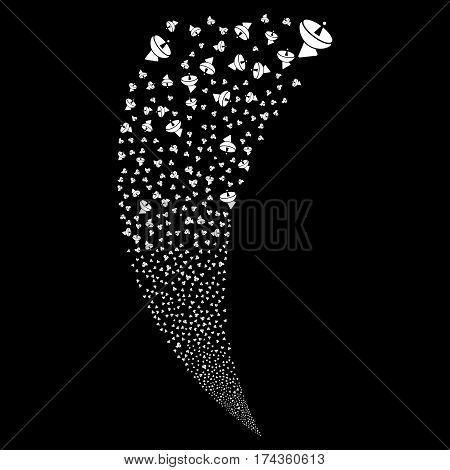 Radio Telescope random fireworks stream. Vector illustration style is flat white iconic symbols on a black background. Object fountain combined from scattered design elements.