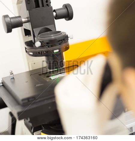 Life science female researcher microscoping in scientific genetic laboratory. Healthcare and biotechnology.