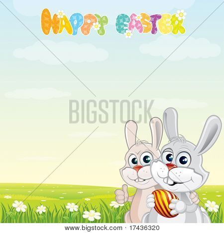 Happy Easter - vektor kort med søde tegneserie kaniner på solrige foråret eng