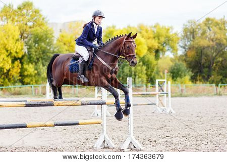 Young horseback sportswoman jumping over obstacles on show jumping competition