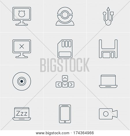 Vector Illustration Of 12 Laptop Icons. Editable Pack Of Movie Cam, Objective, Diskette And Other Elements.