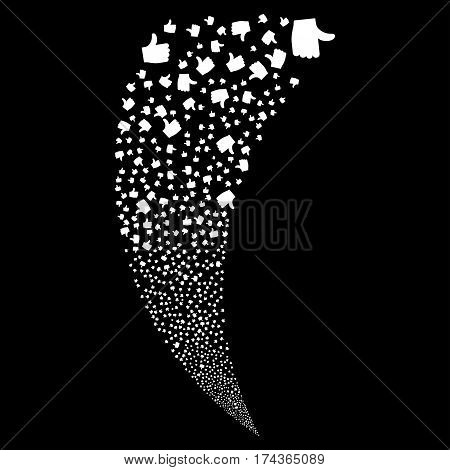 Thumb Up random fireworks stream. Vector illustration style is flat white iconic symbols on a black background. Object fountain created from scattered pictograms.