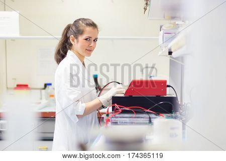 Focused attractive young life science researcher setting voltege on power supply to run electrophoresis for protein or DNA sepparation. Focus on the researcher's face.