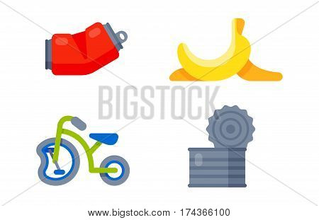 Vector drawings set of waste and garbage for recycling. Container reuse separation household waste garbage icons. Household waste garbage icons garbage trash rubbish recycling ecology environment.