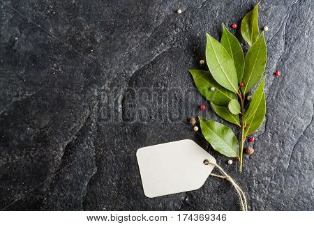 Sprig Of Fresh Bay Leaf And Pepper On Black Stone Background.
