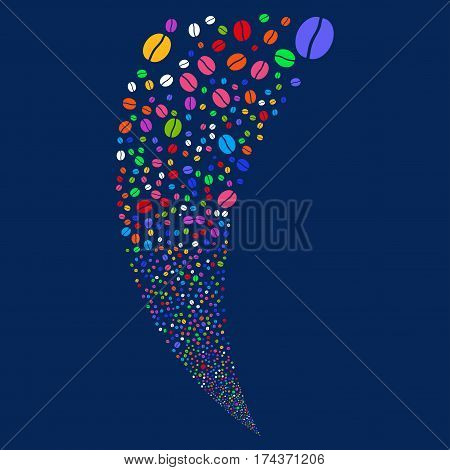 Coffee Bean random fireworks stream. Vector illustration style is flat bright multicolored iconic symbols on a blue background. Object fountain constructed from scattered icons.