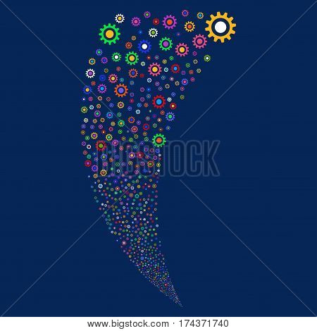 Cogwheel random fireworks stream. Vector illustration style is flat bright multicolored iconic symbols on a blue background. Object fountain organized from scattered pictograms.
