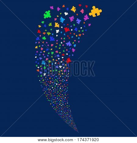 Component random fireworks stream. Vector illustration style is flat bright multicolored iconic symbols on a blue background. Object fountain combined from scattered design elements.