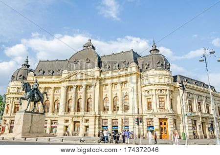 Bucharest, Romania - May 25, 2014: The Statue And The Fundation Building Of Carol The First.