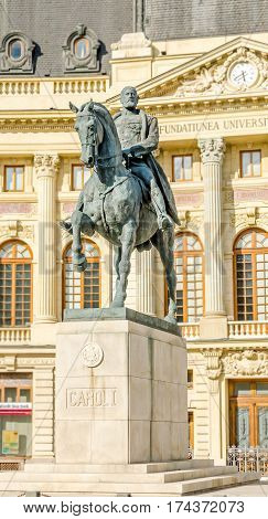 Bucharest, Romania - May 25, 2014: The Statue And The Fundation Building Of Carol The First.