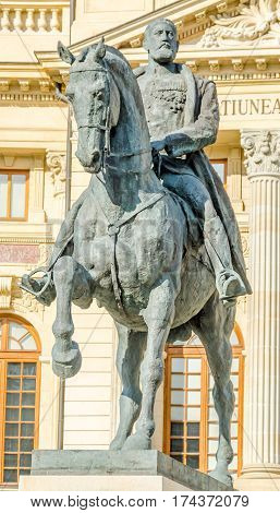 Bucharest, Romania - May 25, 2014: The Statue And The Fundation Building Of Carol The First.