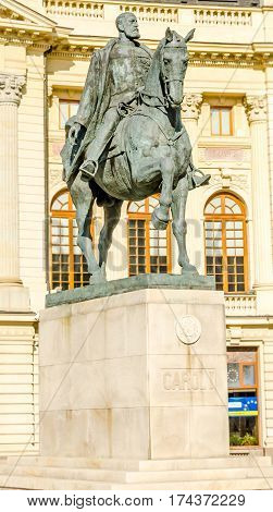 Bucharest, Romania - May 25, 2014: The Statue And The Fundation Building Of Carol The First.