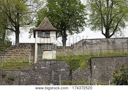 RAPPERSWIL SWITZERLAND - MAY 10 2016: A small watch tower at the wall that surrounds the castle grounds.