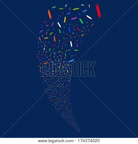 Edit Pencil random fireworks stream. Vector illustration style is flat bright multicolored iconic symbols on a blue background. Object fountain organized from scattered design elements.