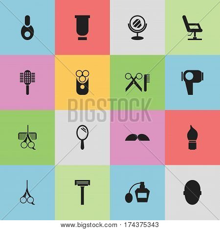 Set Of 16 Editable Tonsorial Artist Icons. Includes Symbols Such As Scrub, Reflector, Barber Tools And More. Can Be Used For Web, Mobile, UI And Infographic Design.