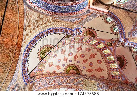 ISTANBUL, TUREKY - MARCH 30, 2013: Inside the islamic Blue mosque in Istanbul, Turkey