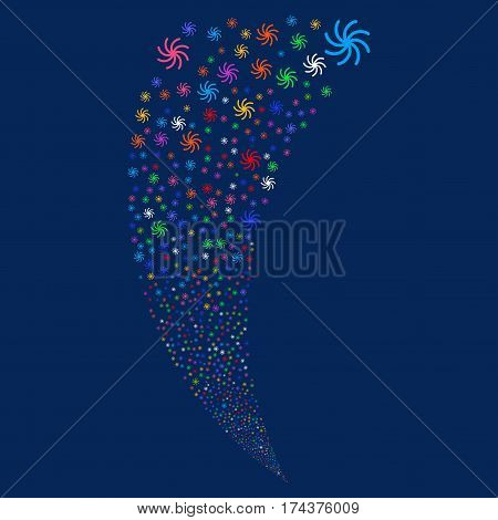 Galaxy random fireworks stream. Vector illustration style is flat bright multicolored iconic symbols on a blue background. Object fountain created from scattered icons.