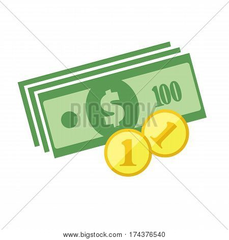 Us Dollar Banknotes Stack And Heap Of Golden Coins. Flat Vector Icon. American Currency Symbol. Usa 