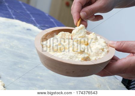 Making Of Homemade Cheese Pie Or Other Kind Of Pastry.
