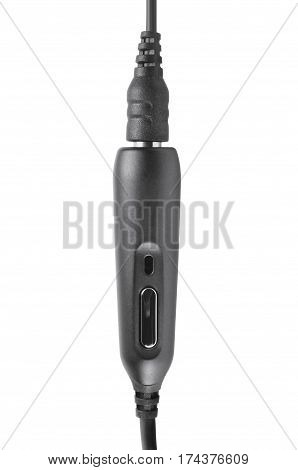 Black hands-free mobile phone audio headset microphone garniture macro closeup isolated vertical large detailed smartphone hands free earphones portable set detail
