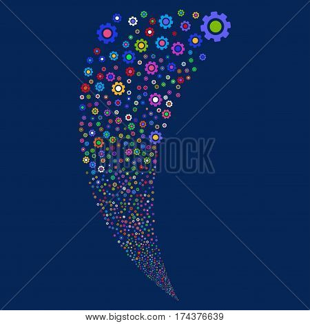 Gear random fireworks stream. Vector illustration style is flat bright multicolored iconic symbols on a blue background. Object fountain constructed from scattered icons.