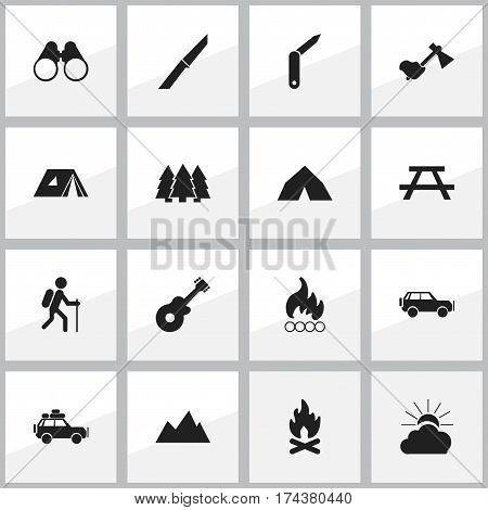 Set Of 16 Editable Trip Icons. Includes Symbols Such As Musical Instrument, Pine, Tepee And More. Can Be Used For Web, Mobile, UI And Infographic Design.