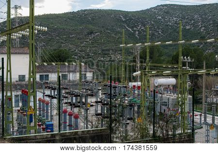 Power electrical substation yard near Barcelona, in park Garraf, Spain