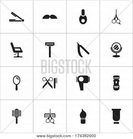 Set Of 16 Editable Tonsorial Artist Icons. Includes Symbols Such As Whiskers, Charger, Barber Tools And More. Can Be Used For Web, Mobile, UI And Infographic Design.